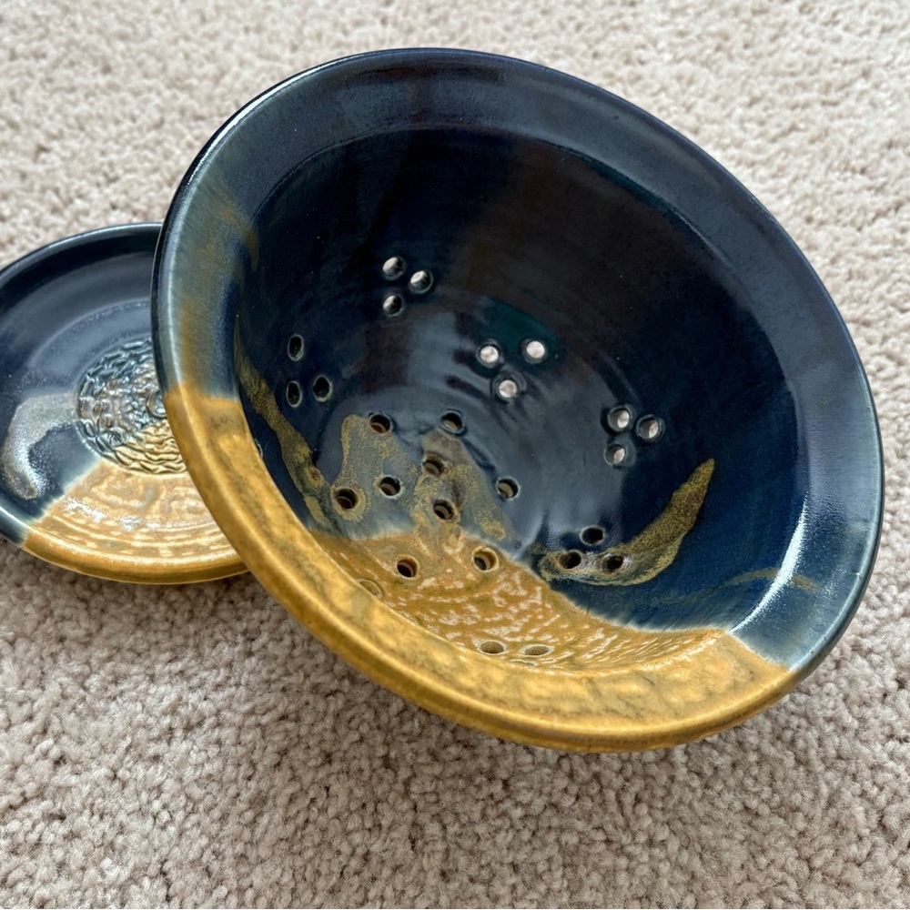 Blue and Gold Ceramic Colander